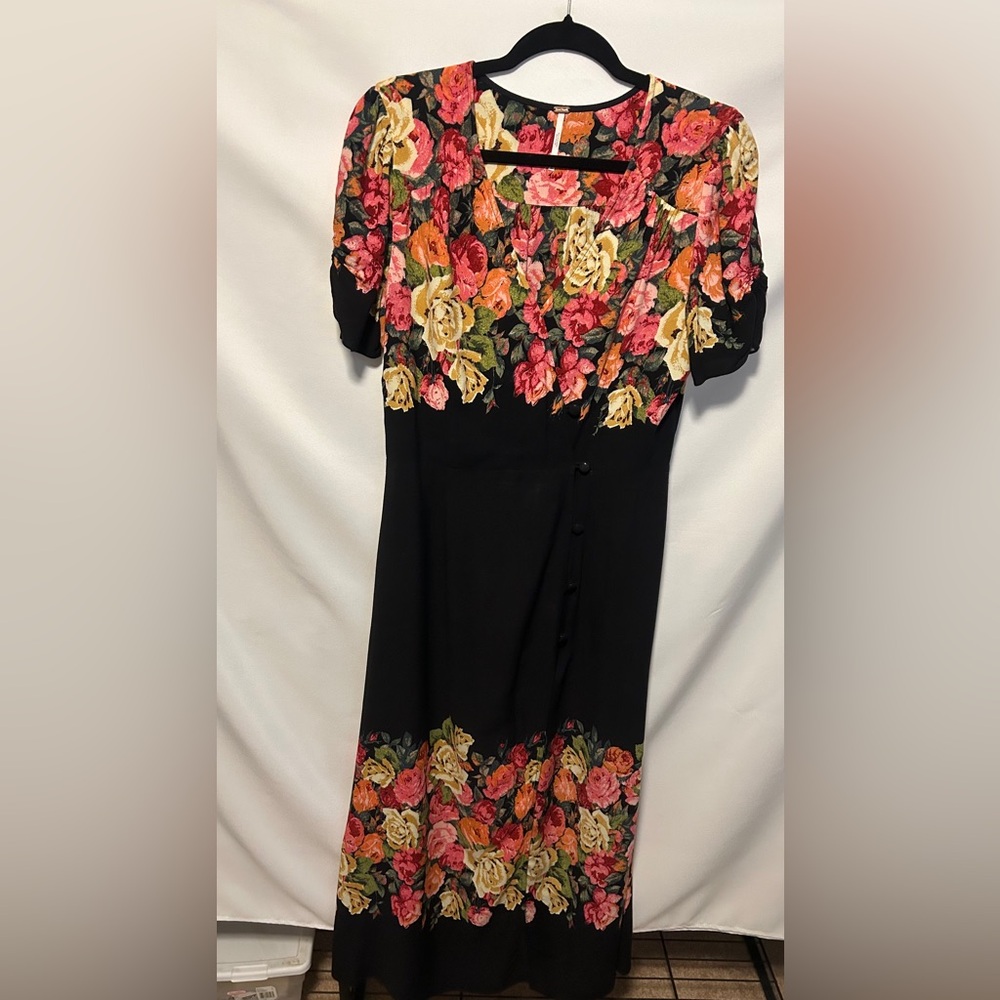 Black Floral Midi Dress with Pink, Orange & Yellow Roses